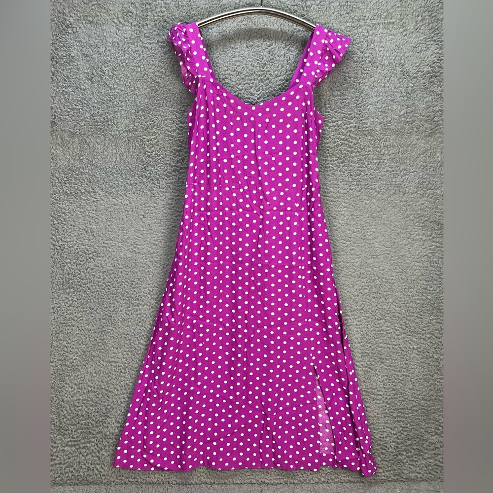 LOFT Midi Dress Purple White Polka Dots Sz 10 Front Slit Ruffle Sleeveless Vneck